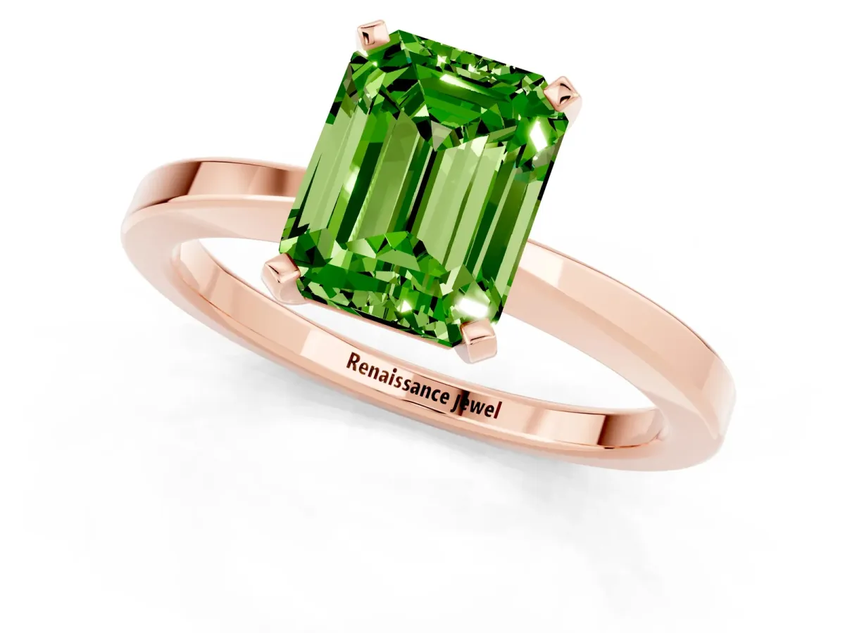 Emerald Cut Peridot Solitaire Engagement Ring with Classic Band and Four-Prong Setting Rose gold