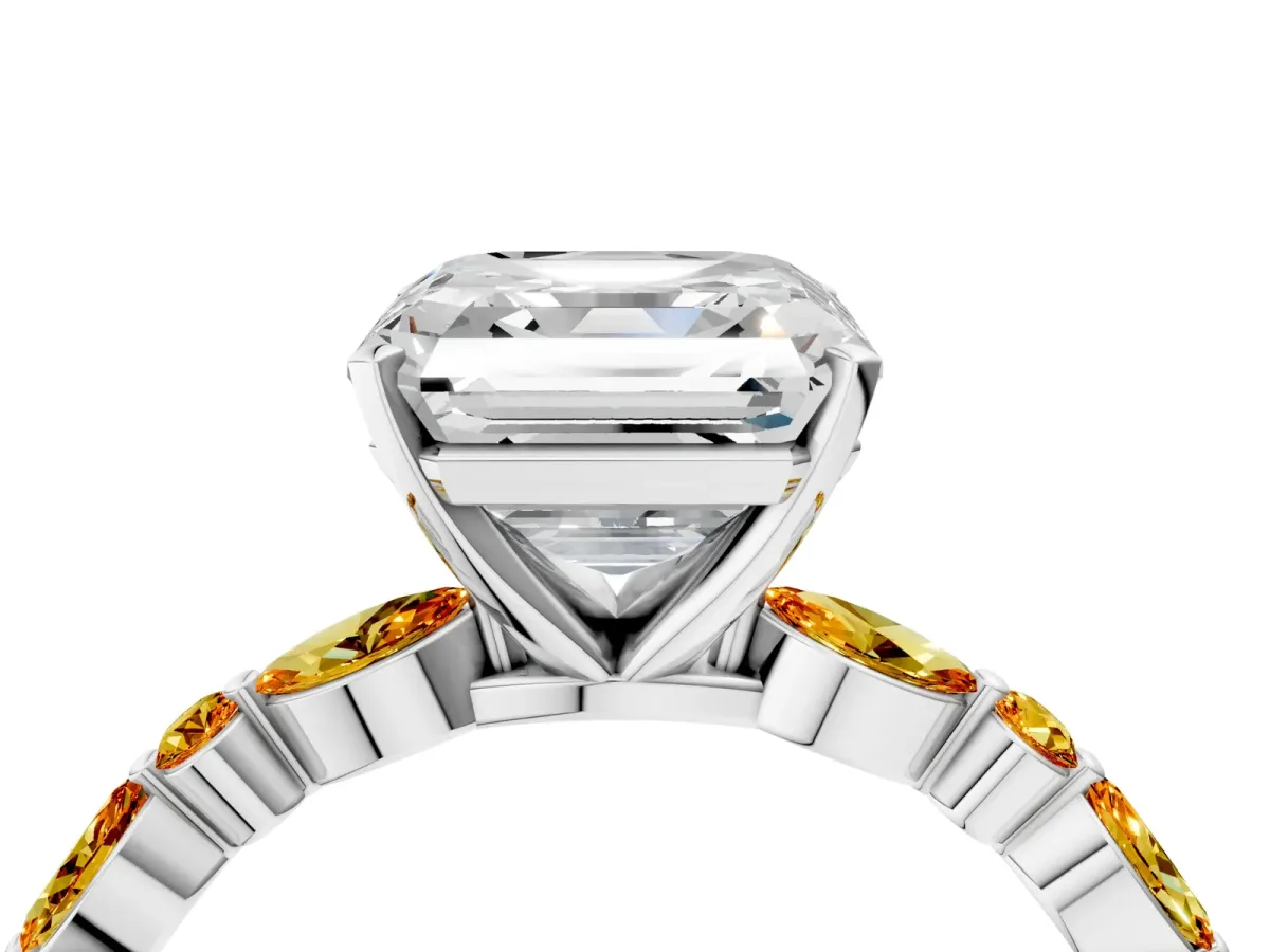 Asscher Cut Diamond Ring with Marquise and Round Citrine Side Stones and Four-Prong Setting Silver