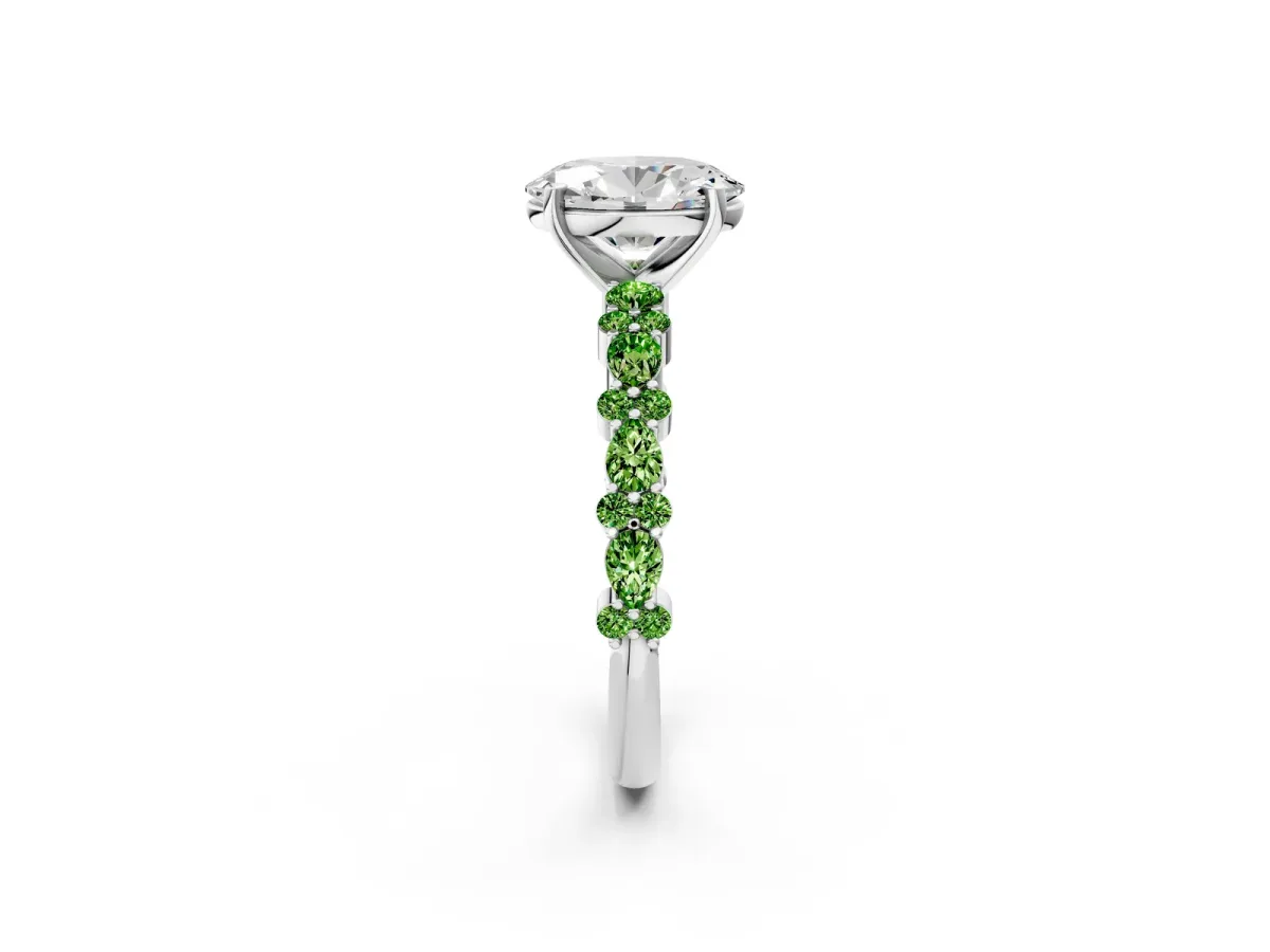 Oval Cut Diamond Side Stone Solitaire Ring with Round Peridot and Four-Prong Setting Silver