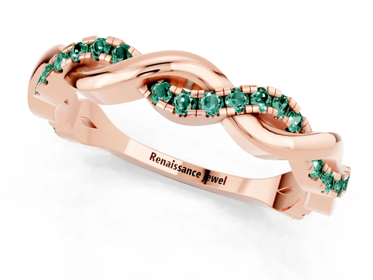Round Green Sapphire Twist Eternity Band with Pavé Setting Rose gold