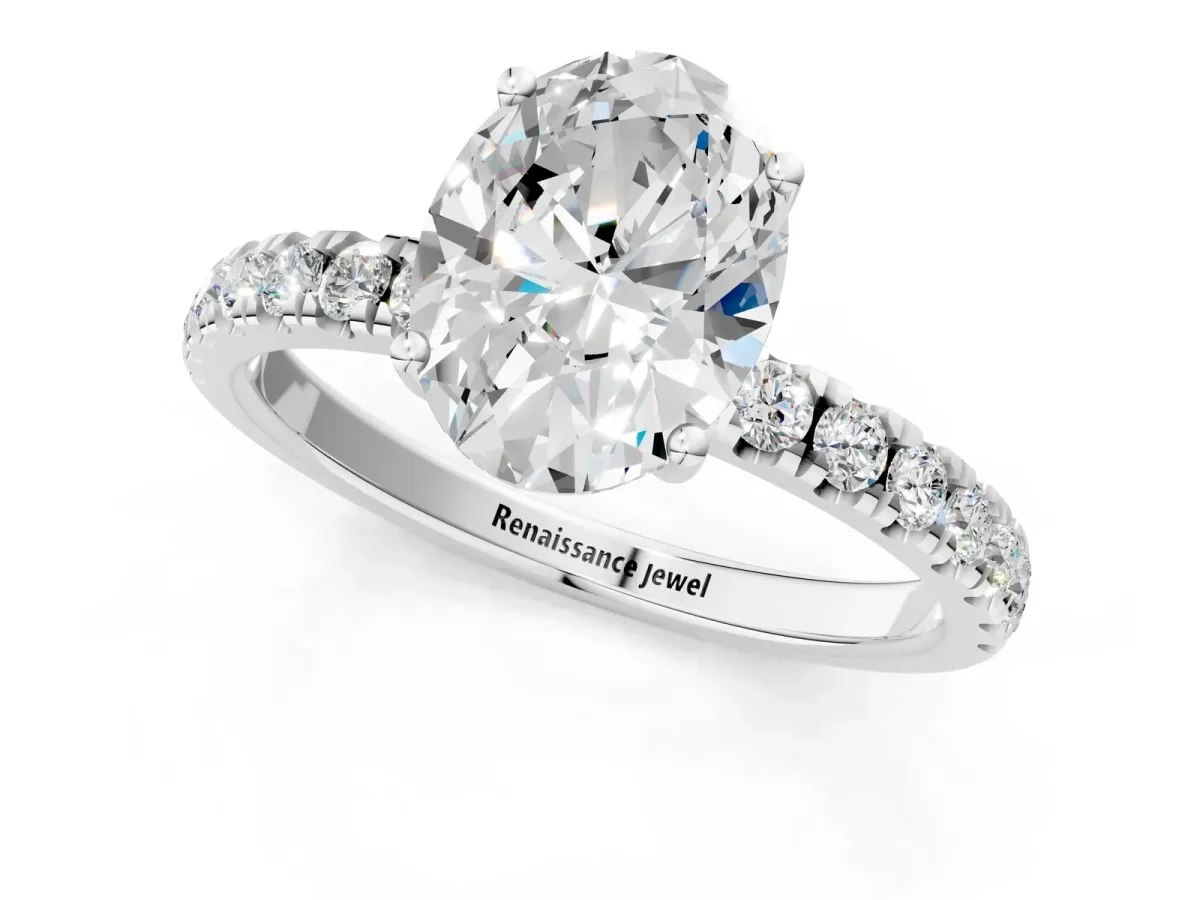 Oval Cut Diamond Pave Band Solitaire Ring with Round Moissanite and Prong Setting White gold