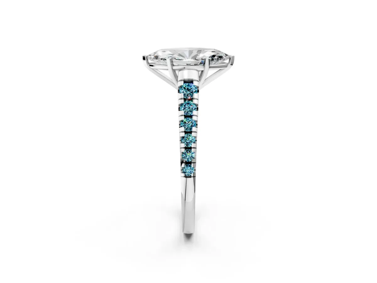 Marquise Cut Diamond Cathedral Solitaire Ring with Round Blue Topaz Pavé Band Silver