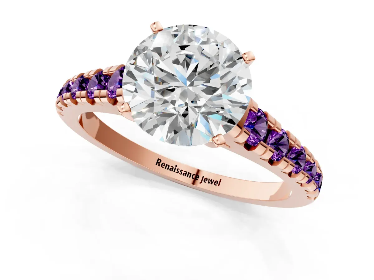 Round Cut Diamond Cathedral Solitaire Ring with Round Amethyst Pavé Band Rose gold