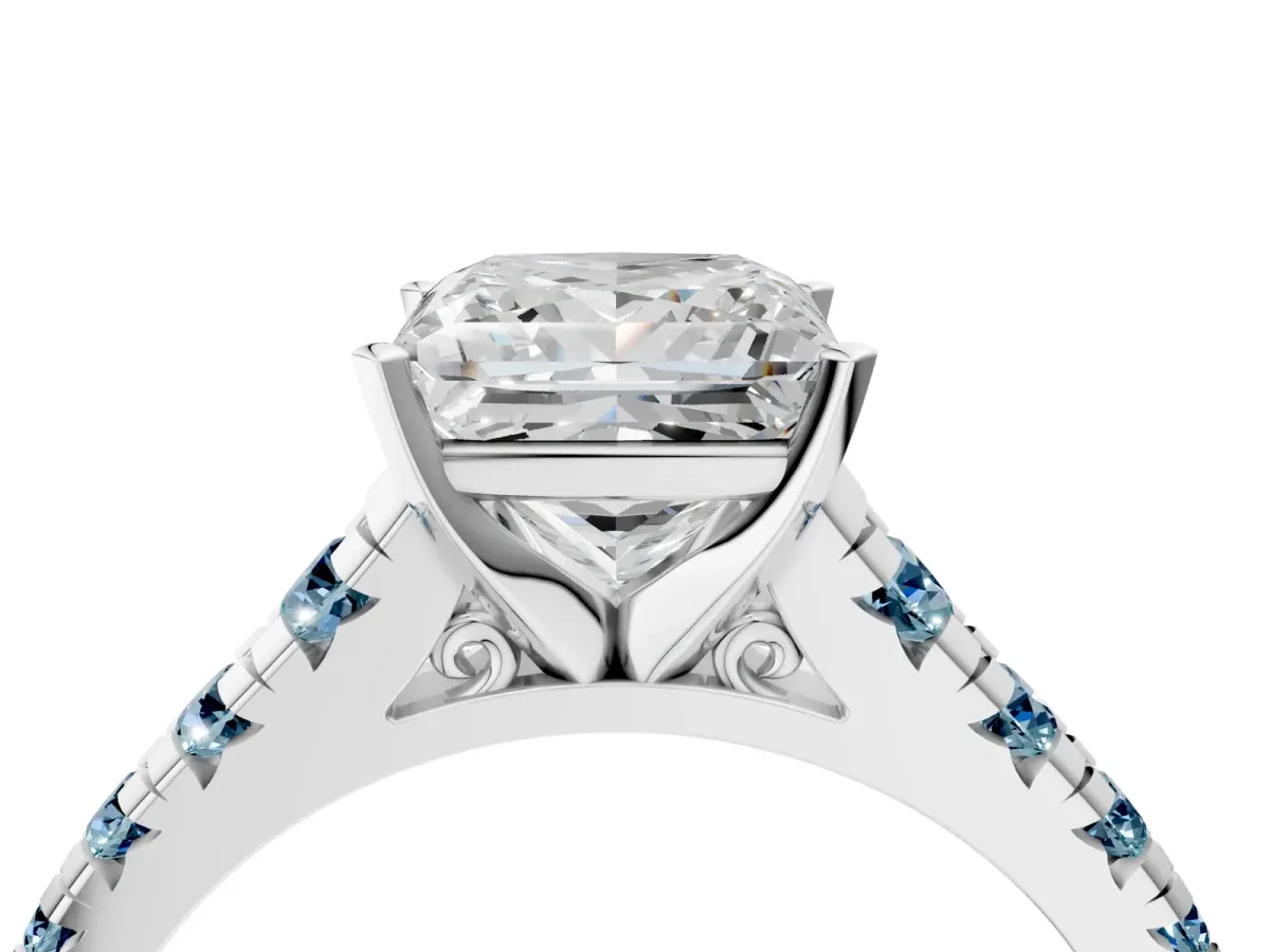 Princess Cut Diamond Cathedral Solitaire Ring with Round Aquamarine Pavé Band Silver