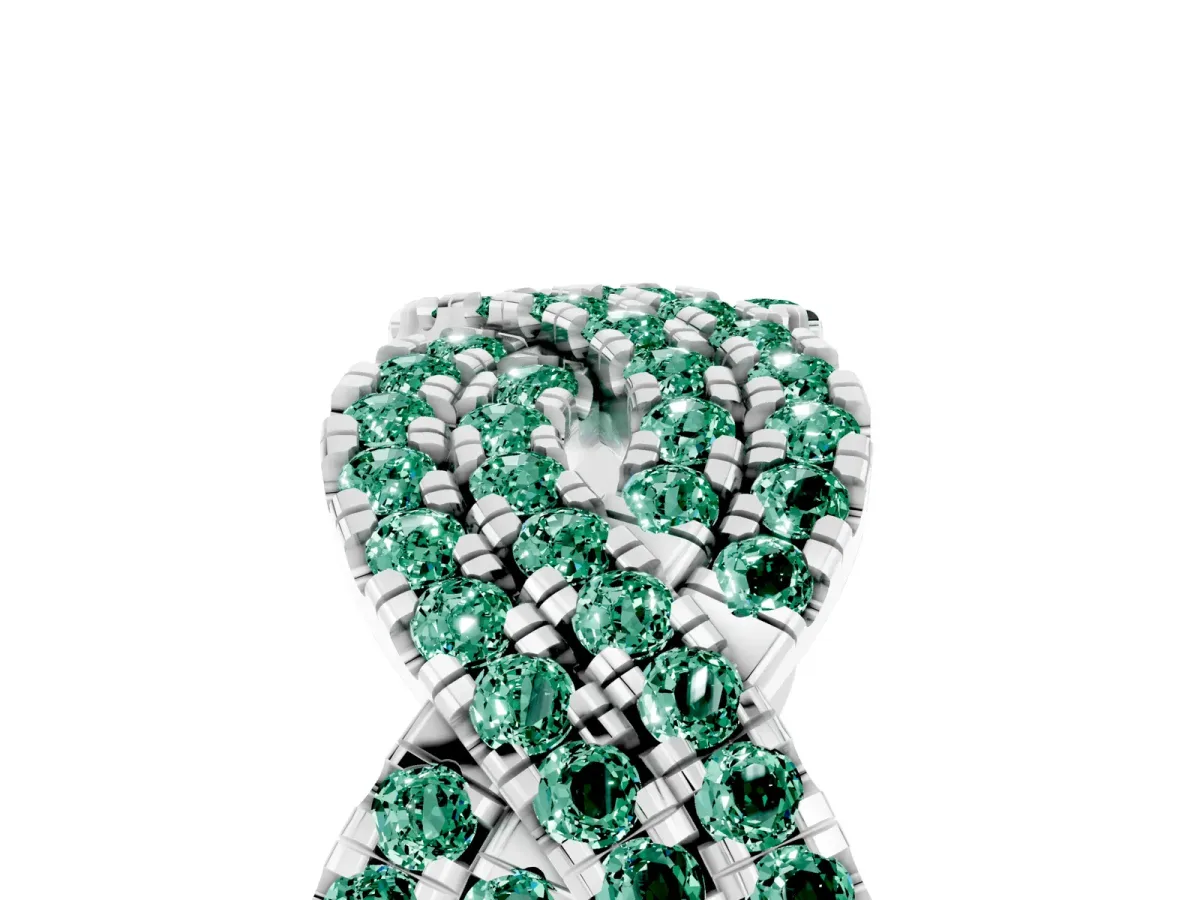 Pavé Round Green Sapphire Infinity Twist Band with Shared Prong Setting Silver
