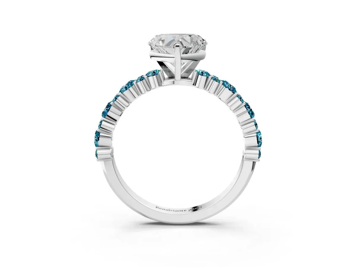 Heart Cut Diamond Side Stone Solitaire Ring with Round Blue Topaz and Four-Prong Setting Platinum