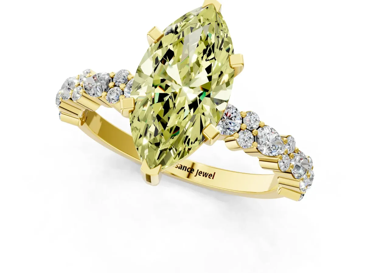 Fancy Yellow Marquise Cut Diamond Side Stone Solitaire Ring with Round and Four-Prong Setting Yellow gold
