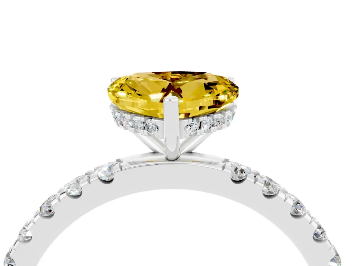 Heart Cut Yellow Sapphire Pave Band Solitaire Ring with Round and Prong Setting Platinum