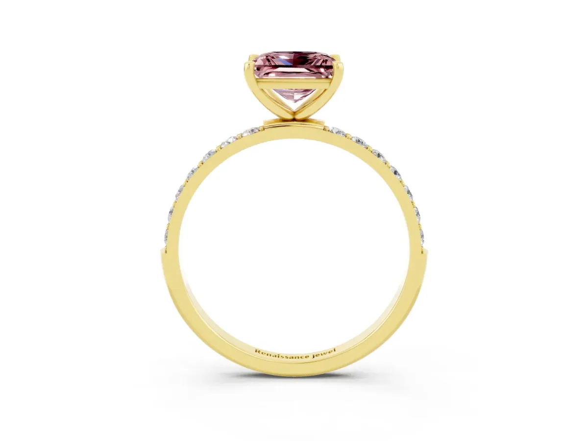 Princess Cut Morganite Solitaire Ring with Round Pavé Band and Prong Setting Yellow gold