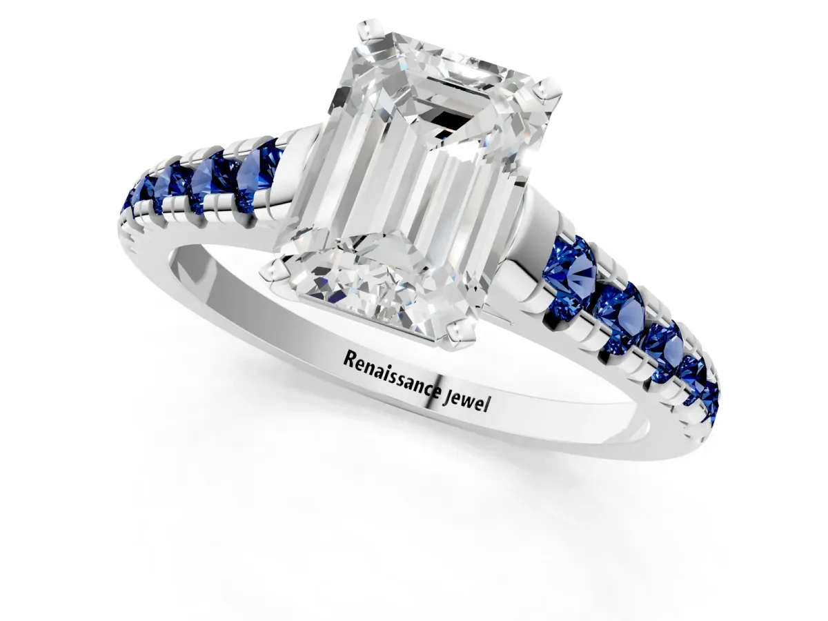 Emerald Cut Diamond Cathedral Solitaire Ring with Round Blue Sapphire Pavé Band Silver