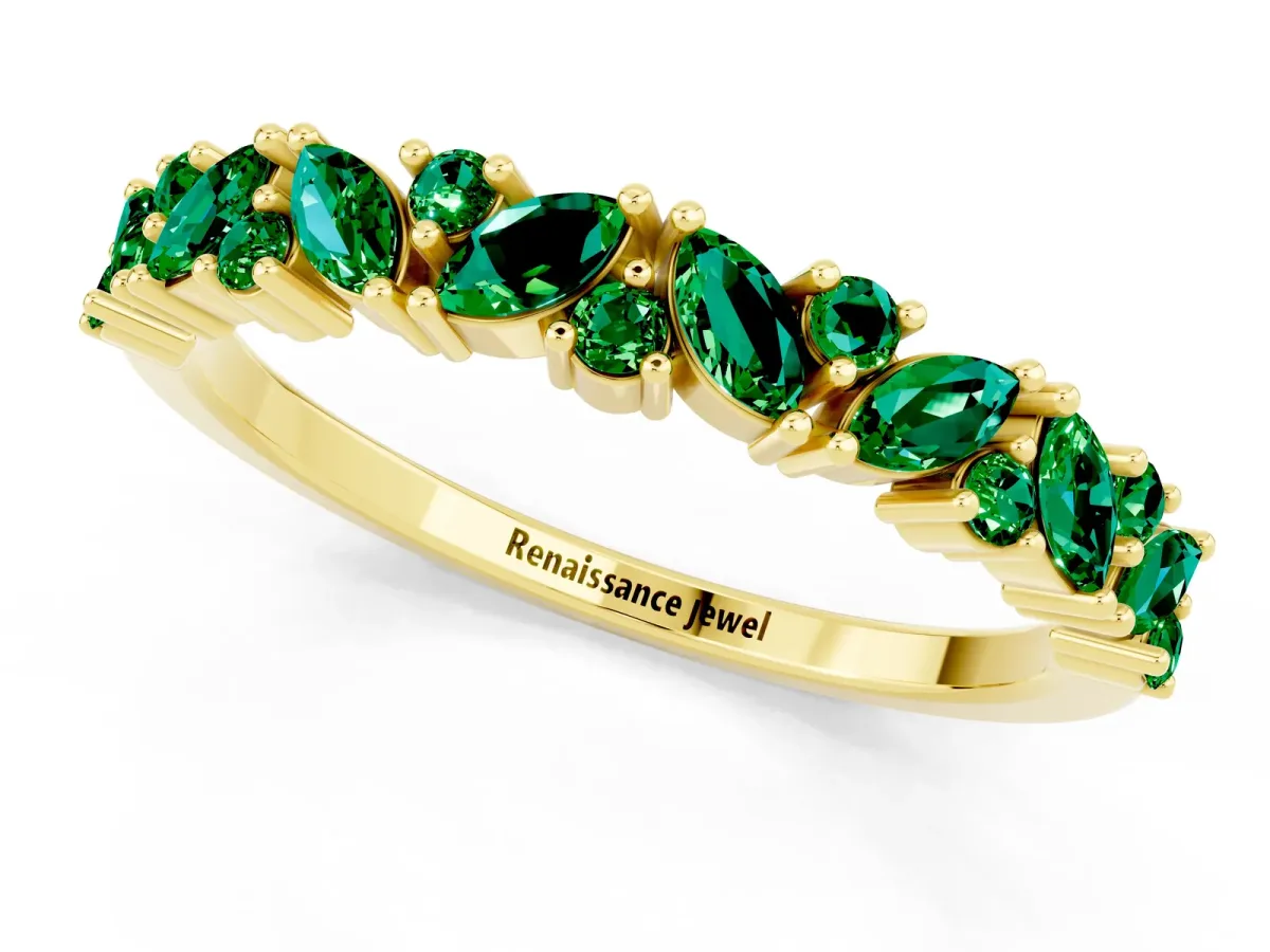 Marquise and Round Emerald Vine Eternity Band with Prong Setting Yellow gold
