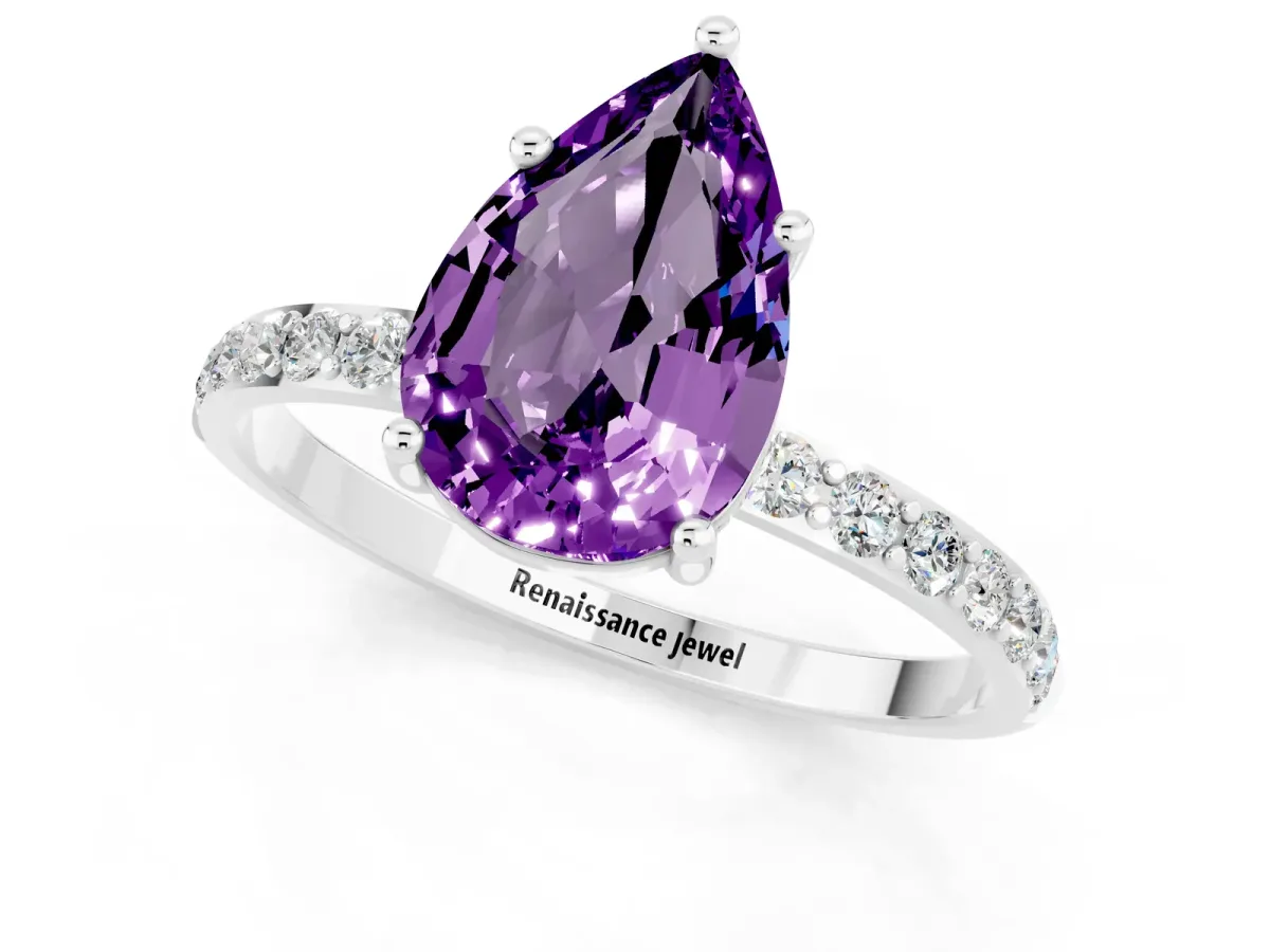 Pear Cut Amethyst Solitaire Ring with Round Pavé Band and Prong Setting Platinum