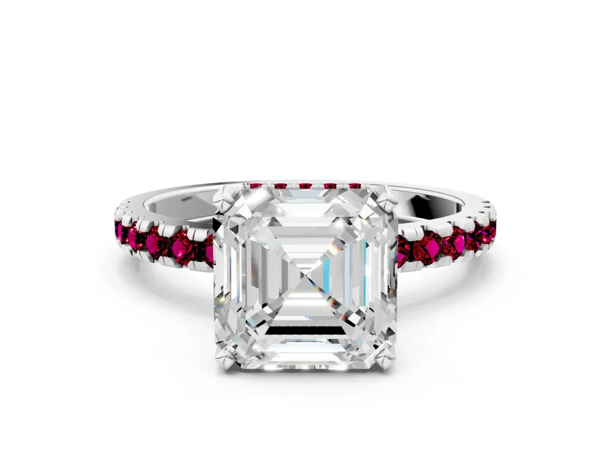 Asscher Cut Diamond Solitaire Ring with Round Garnet Pavé Band and Four-Prong Setting Silver