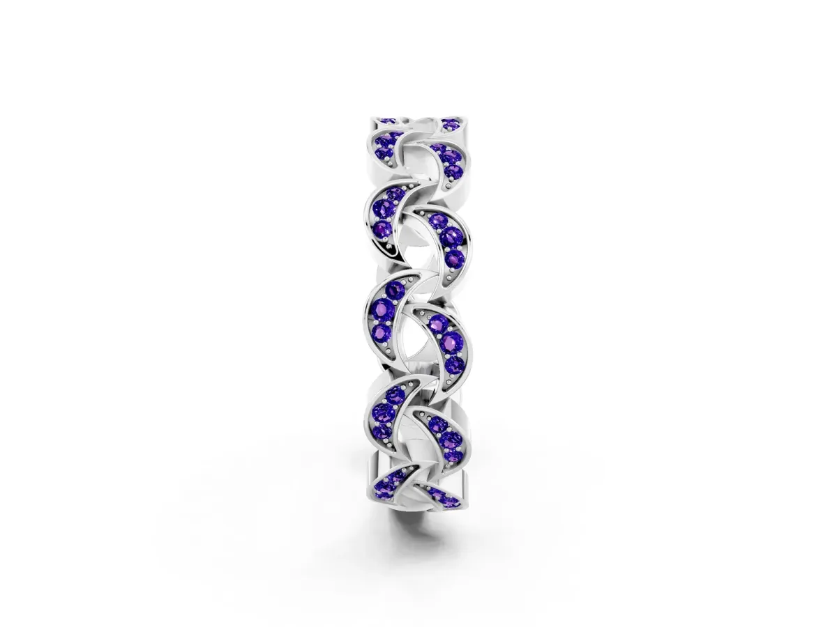 Pavé Round Tanzanite Interlocking Eternity Band with Bezel Prong Setting Silver