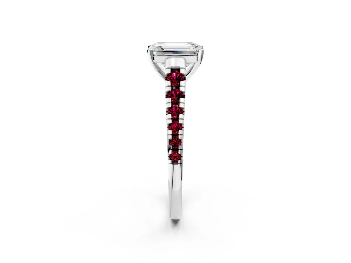 Emerald Cut Diamond Cathedral Solitaire Ring with Round Garnet Pavé Band Silver