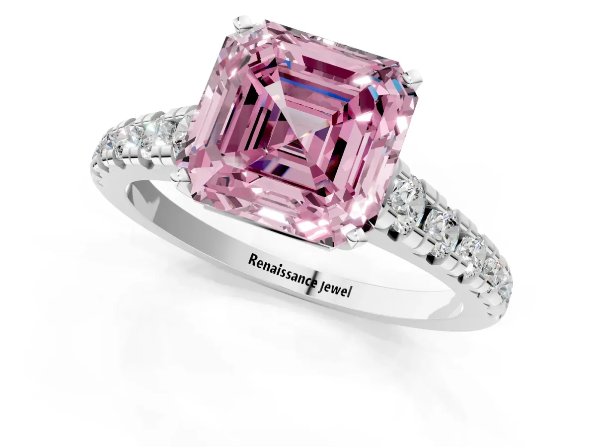Fancy Pink Asscher Cut Diamond Cathedral Solitaire Ring with Round Pavé Band White gold