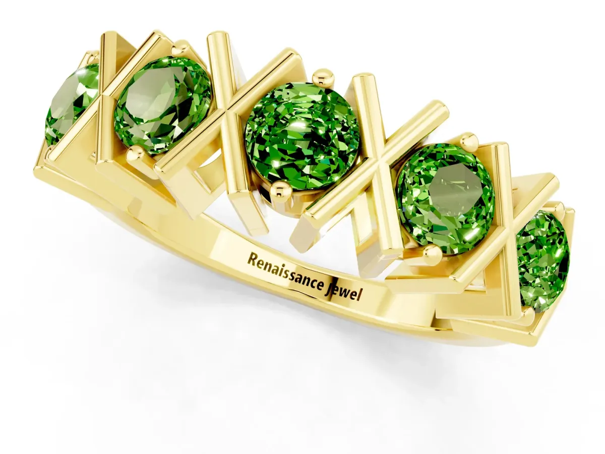 Round Peridot Channel Set Band with X-Prong Detail Yellow gold