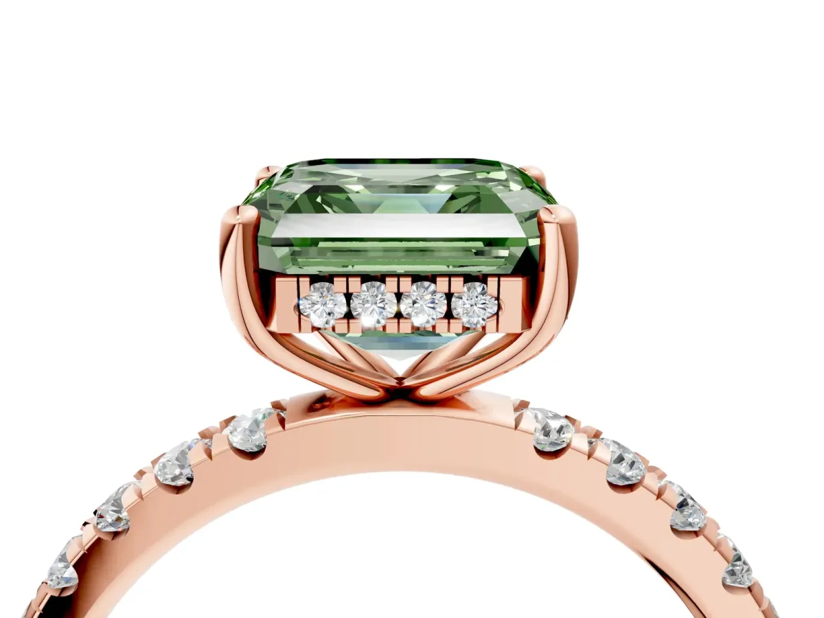 Fancy Green Asscher Cut Diamond Pave Band Solitaire Ring with Round and Prong Setting Rose gold