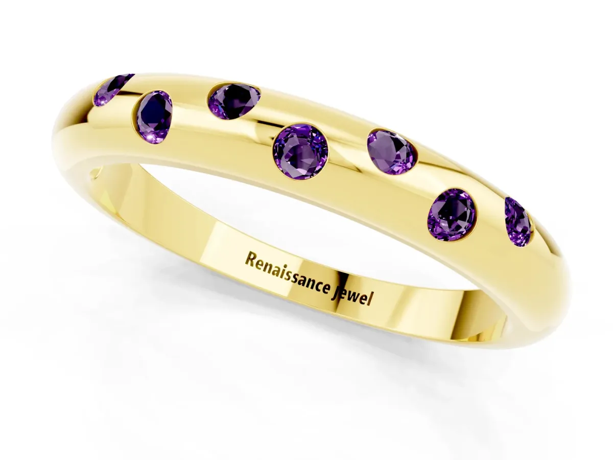 Round Amethyst Flush-Set Comfort Fit Band Yellow gold