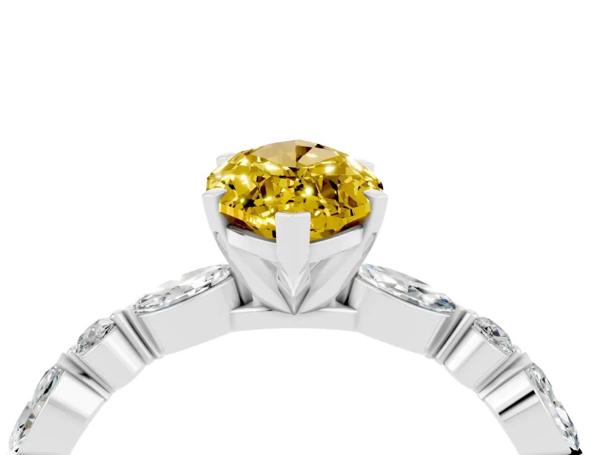 Marquise Cut Yellow Sapphire Ring with Marquise and Round Side Stones and Four-Prong Setting Silver