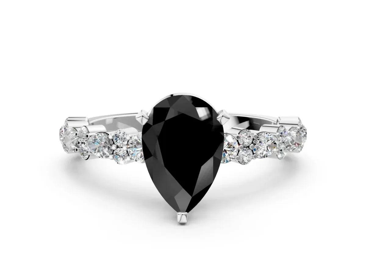 Fancy Black Pear Cut Diamond Side Stone Solitaire Ring with Round and Four-Prong Setting Platinum