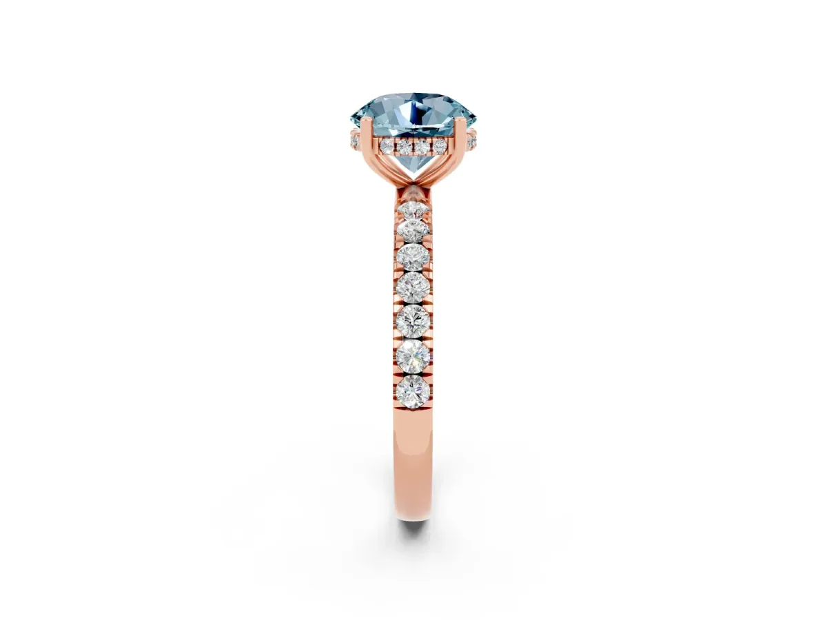 Round Cut Aquamarine Pave Band Solitaire Ring with Round and Prong Setting Rose gold
