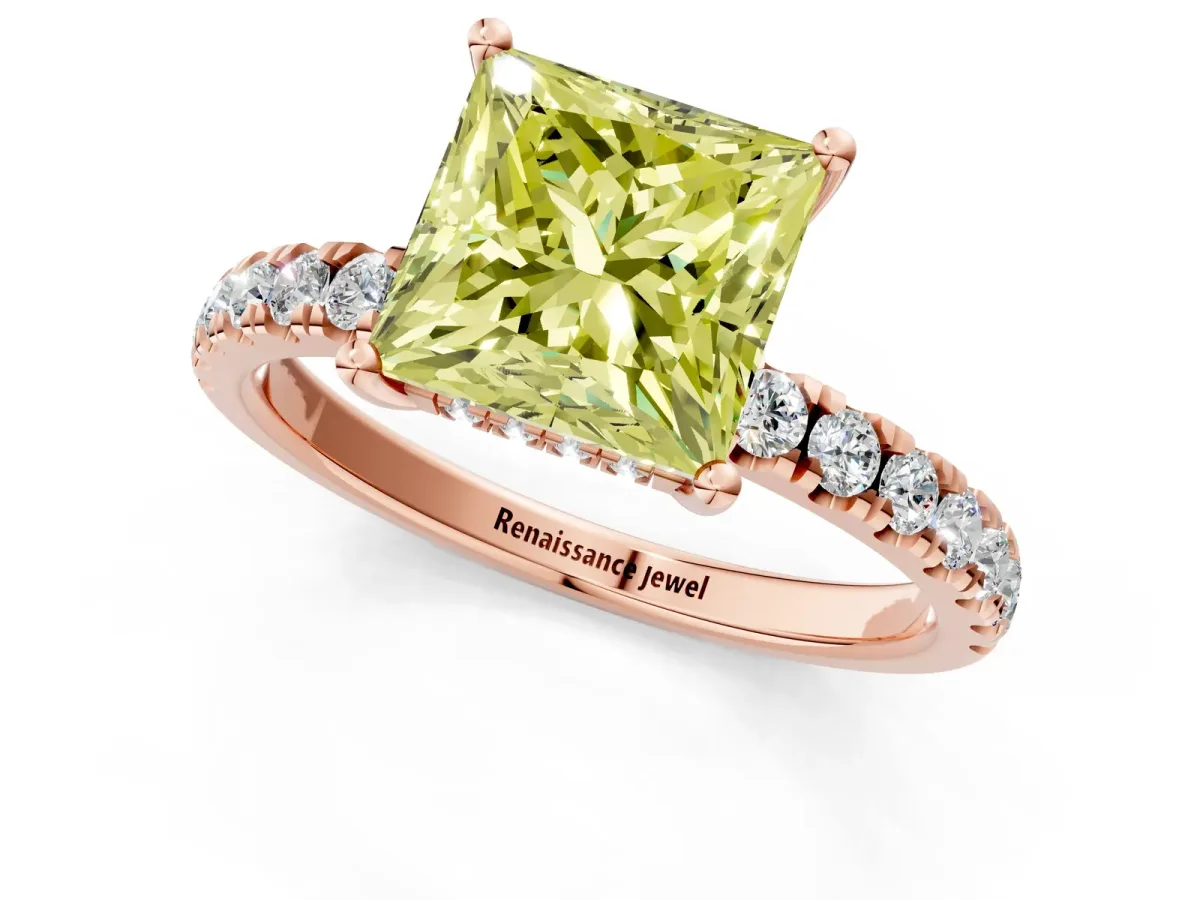 Fancy Yellow Princess Cut Diamond Pave Band Solitaire Ring with Round and Prong Setting Rose gold