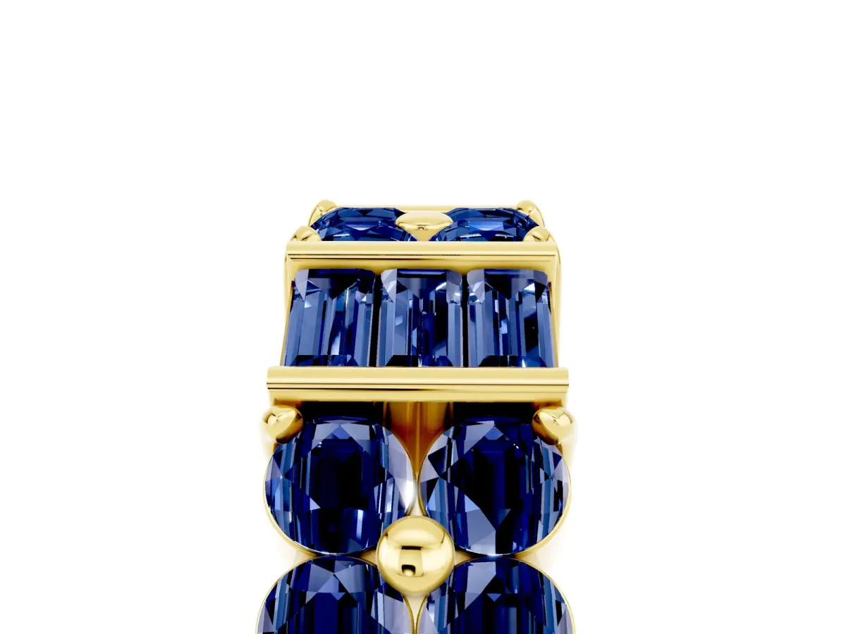 Channel Set Round and Baguette Blue Sapphire Anniversary Band with Prong Setting Yellow gold