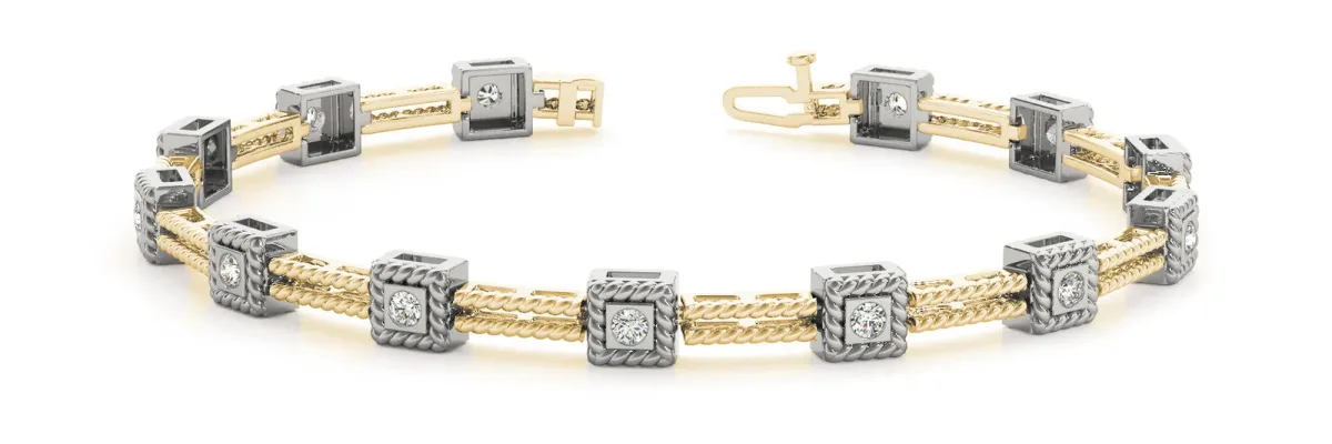 Square Bezel Set Round Diamond Rope Link Bracelet Yellow gold