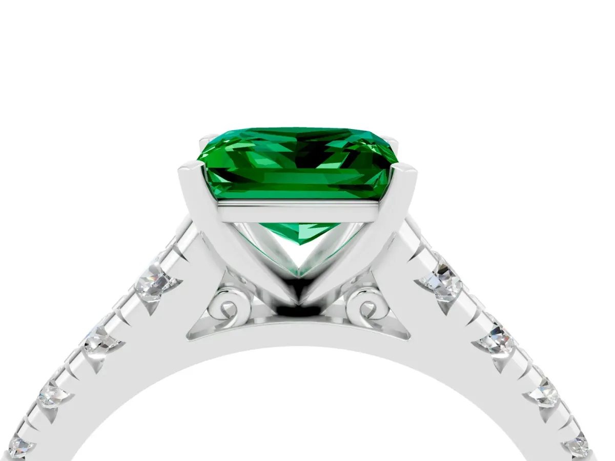 Princess Cut Emerald Cathedral Solitaire Ring with Round Pavé Band Silver