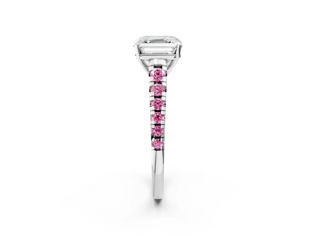 Asscher Cut Diamond Cathedral Solitaire Ring with Round Pink Sapphire Pavé Band Platinum