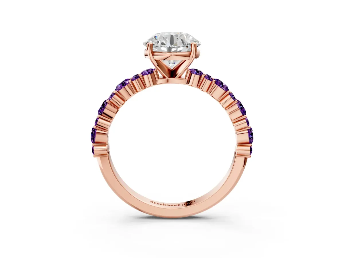 Round Cut Diamond Side Stone Solitaire Ring with Round Amethyst and Four-Prong Setting Rose gold
