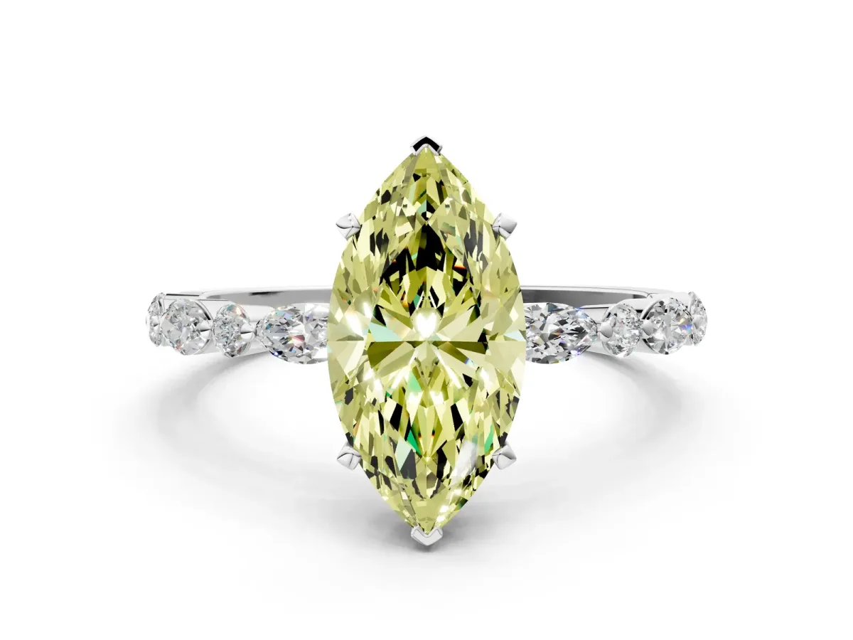 Fancy Yellow Marquise Cut Diamond Ring with Marquise and Round Side Stones and Four-Prong Setting Silver