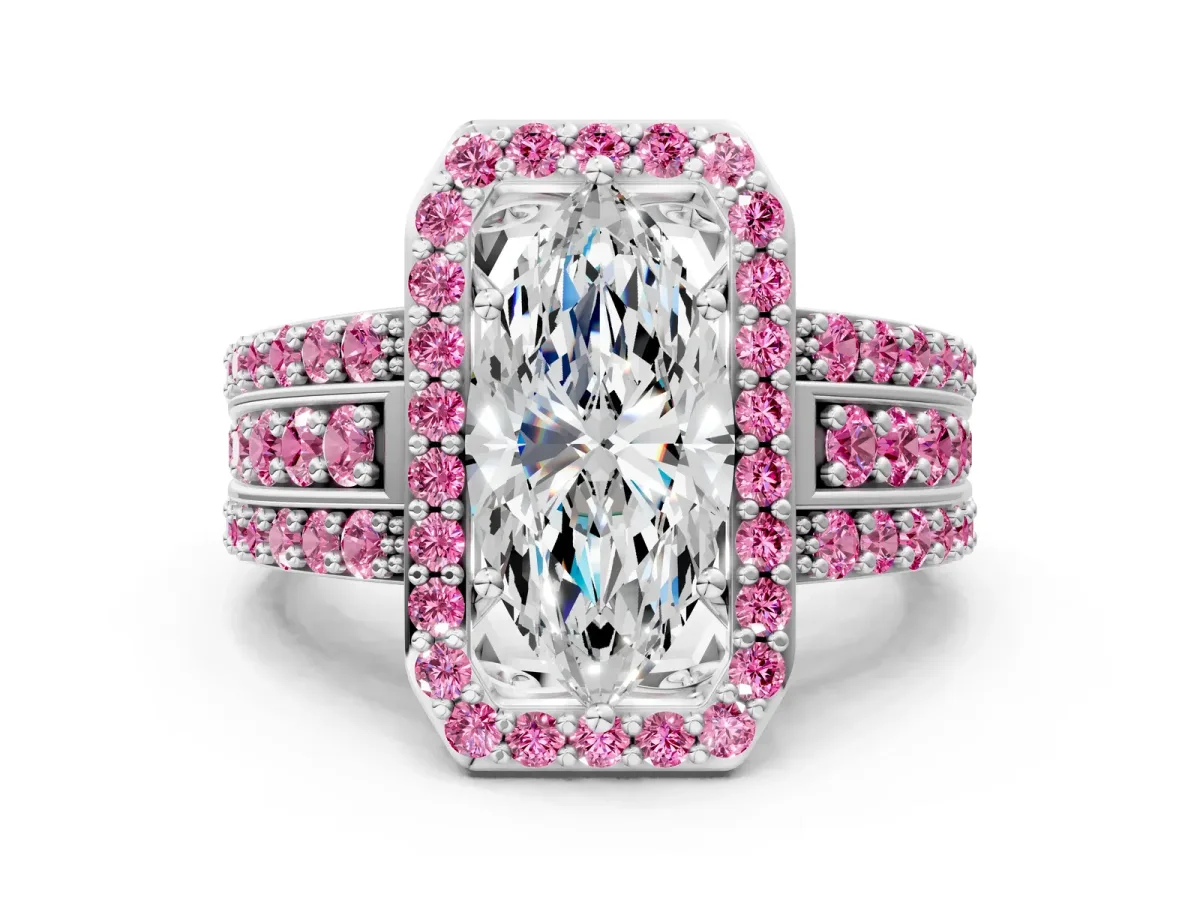 Marquise Cut Halo Diamond Ring with Round Pink Sapphire Split Shank and Prong Setting Platinum