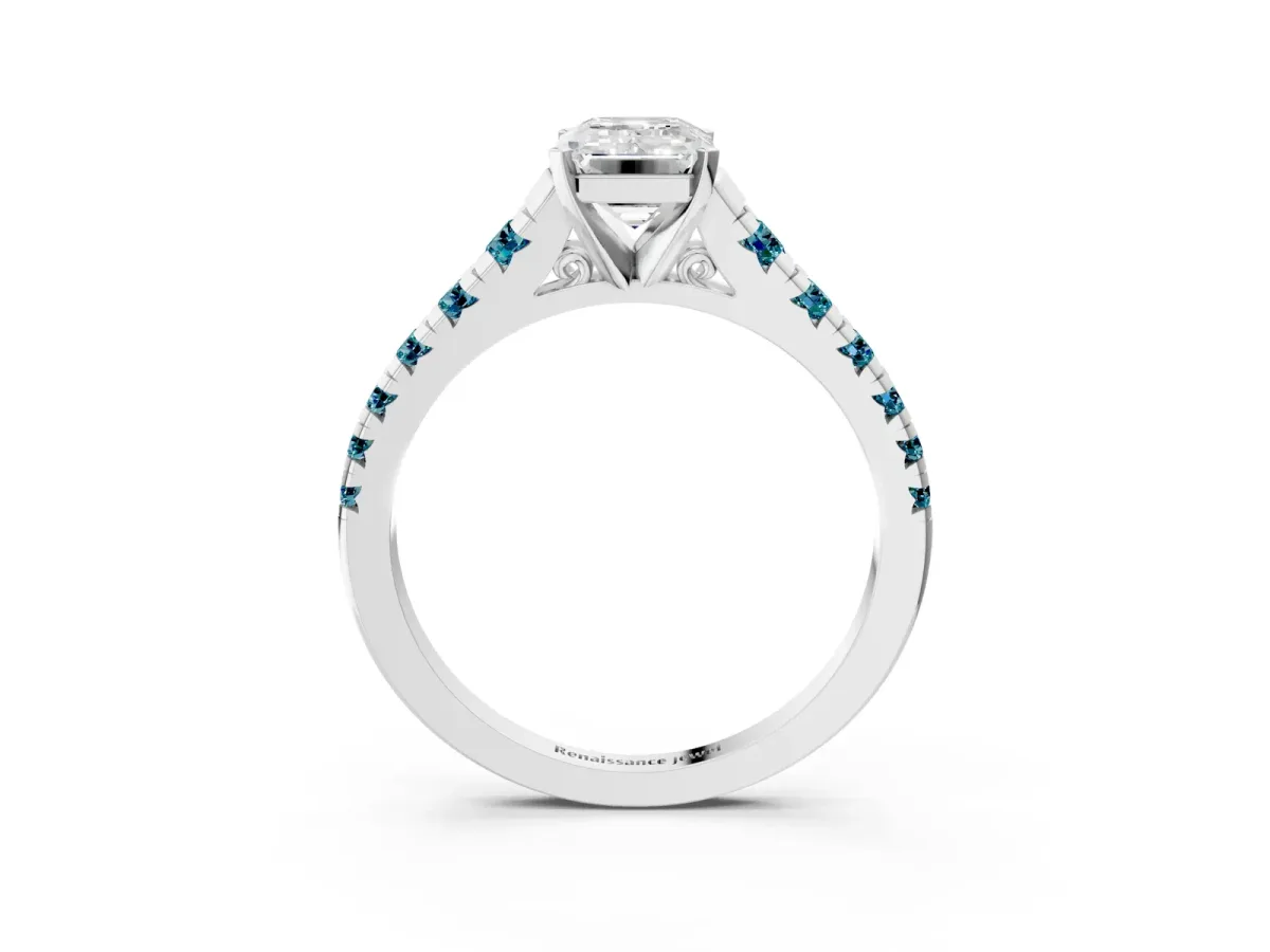 Emerald Cut Diamond Cathedral Solitaire Ring with Round Blue Topaz Pavé Band Platinum