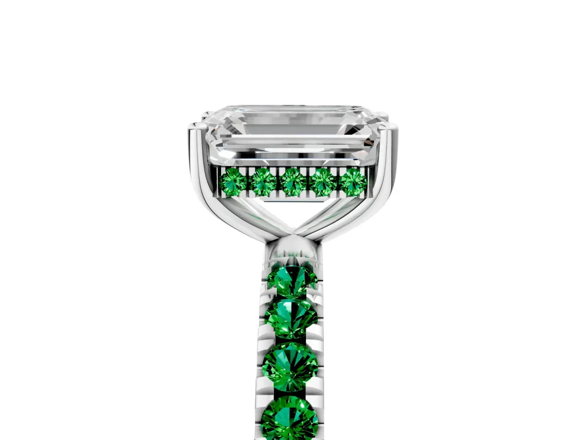 Emerald Cut Diamond Pave Band Solitaire Ring with Round Emerald and Prong Setting Platinum