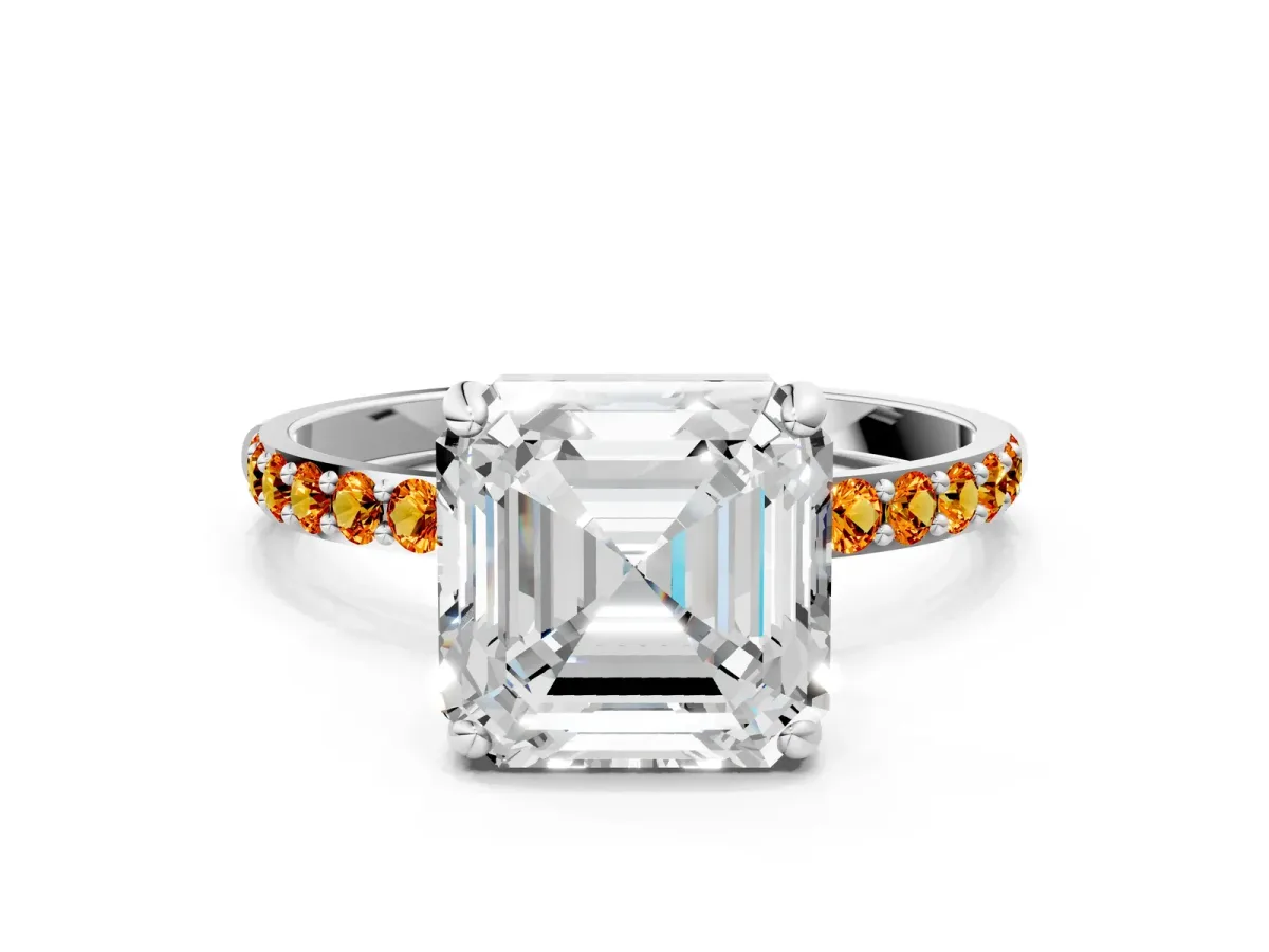 Asscher Cut Diamond Solitaire Ring with Round Citrine Pavé Band and Prong Setting White gold