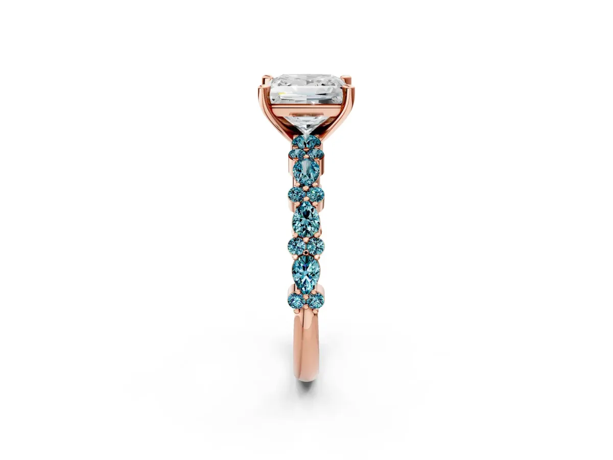 Princess Cut Diamond Side Stone Solitaire Ring with Round Blue Topaz and Four-Prong Setting Rose gold