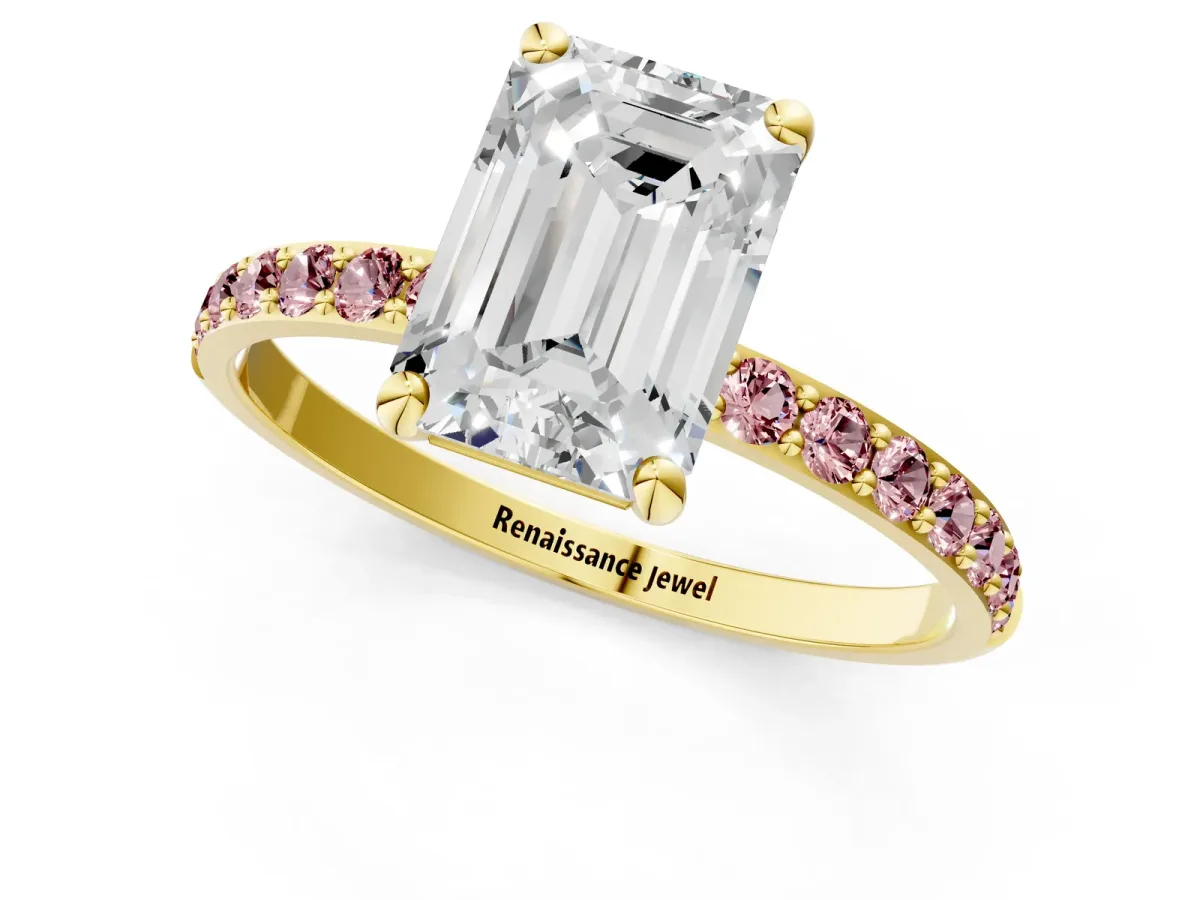 Emerald Cut Diamond Solitaire Ring with Round Morganite Pavé Band and Prong Setting Yellow gold