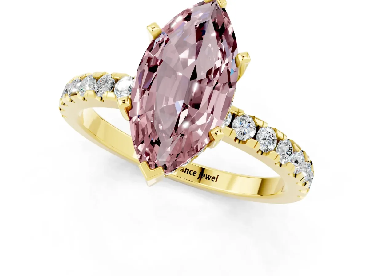 Marquise Cut Morganite Solitaire Ring with Round Pavé Band and Four-Prong Setting Yellow gold