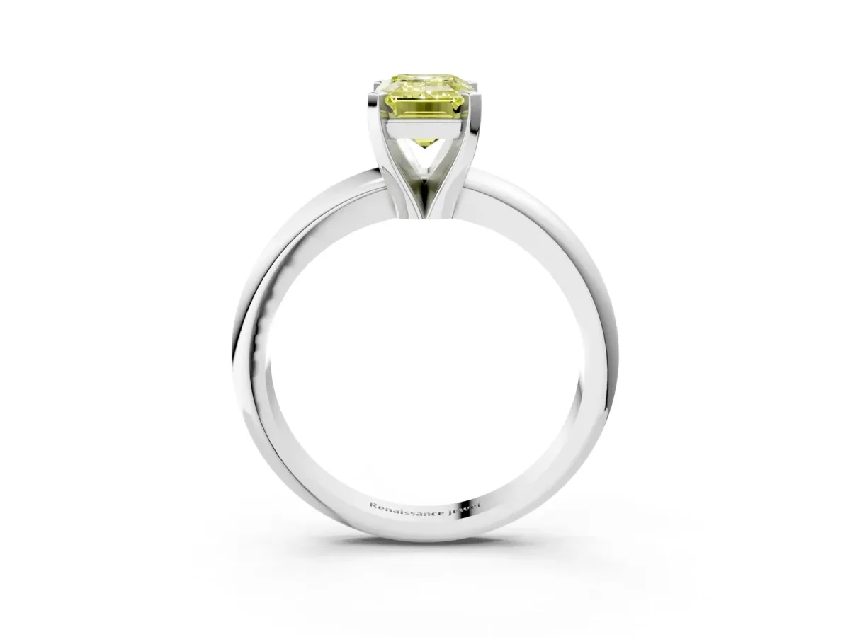 Fancy Yellow Emerald Cut Diamond Solitaire Engagement Ring with Round Band and Four-Prong Setting White gold