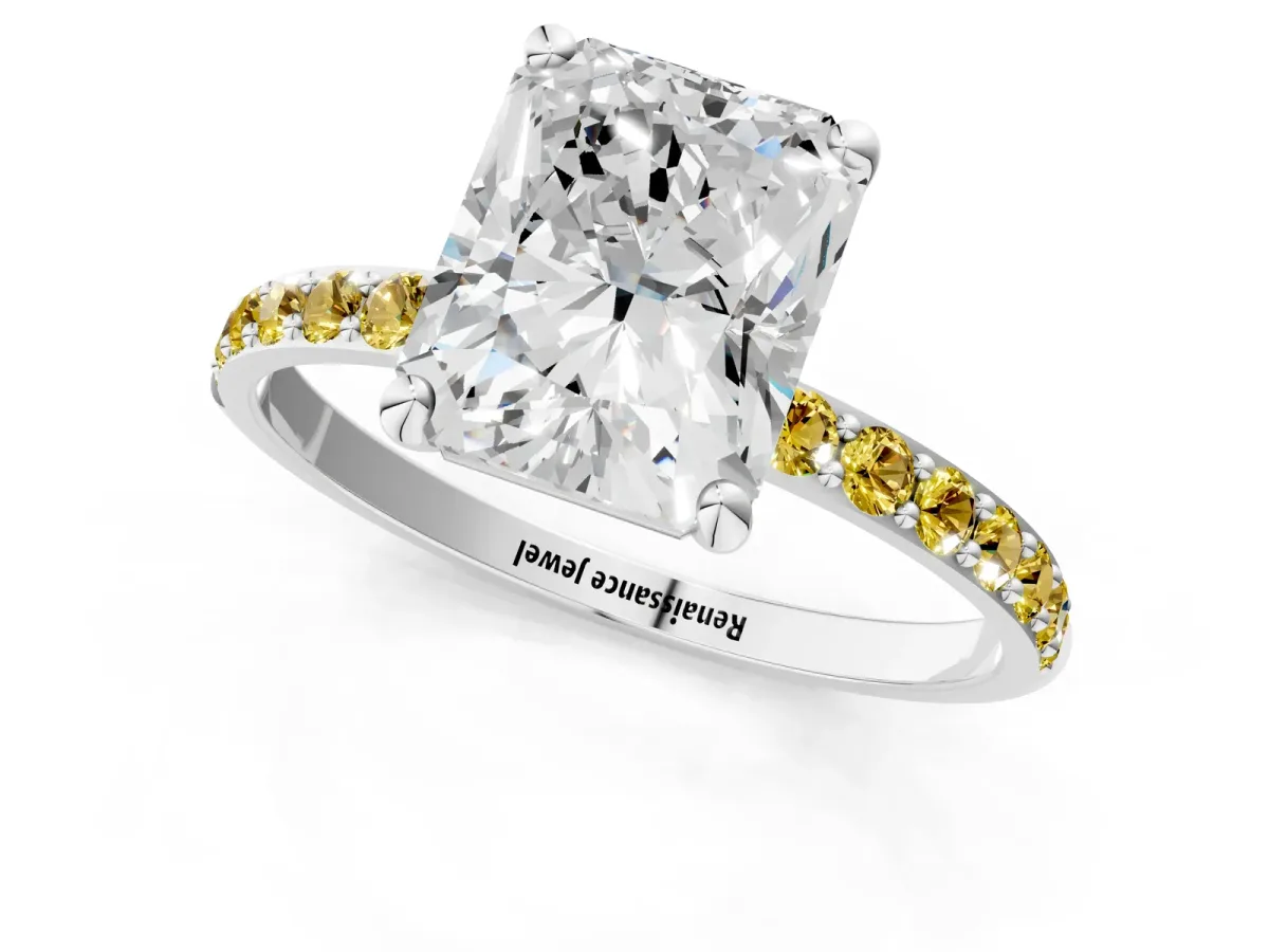 Radiant Cut Diamond Solitaire Ring with Round Yellow Sapphire Pavé Band and Prong Setting Silver