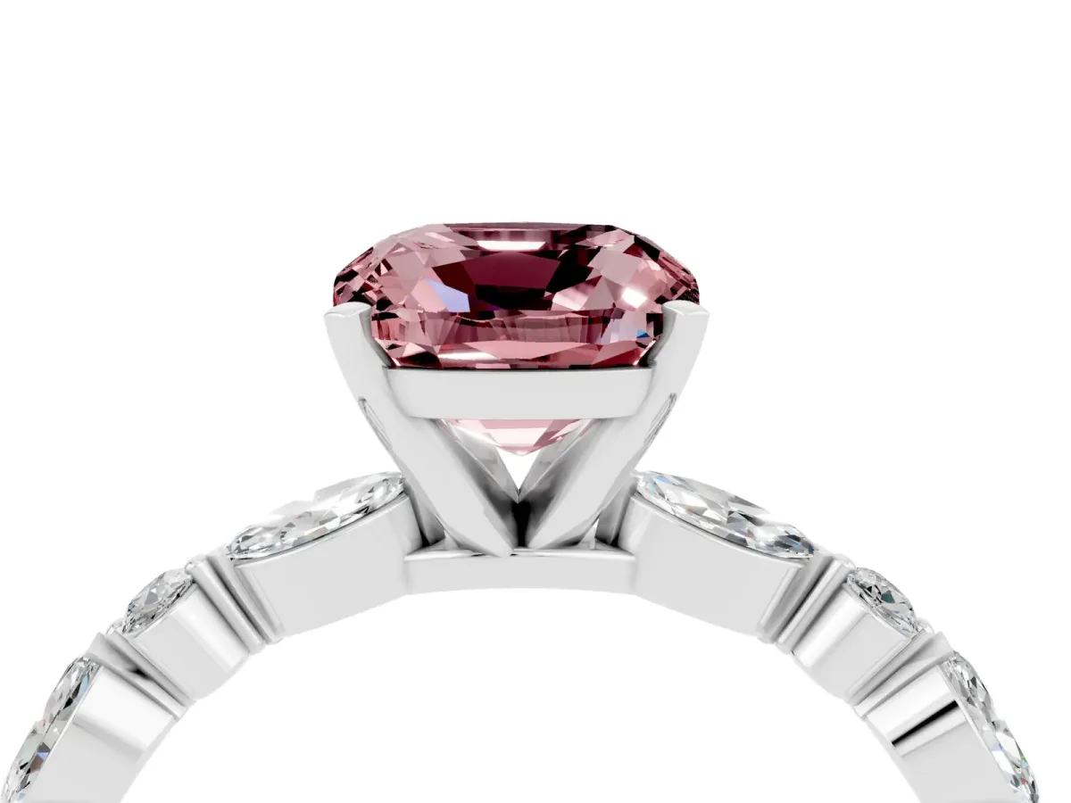 Cushion Cut Morganite Ring with Marquise and Round Side Stones and Four-Prong Setting Platinum