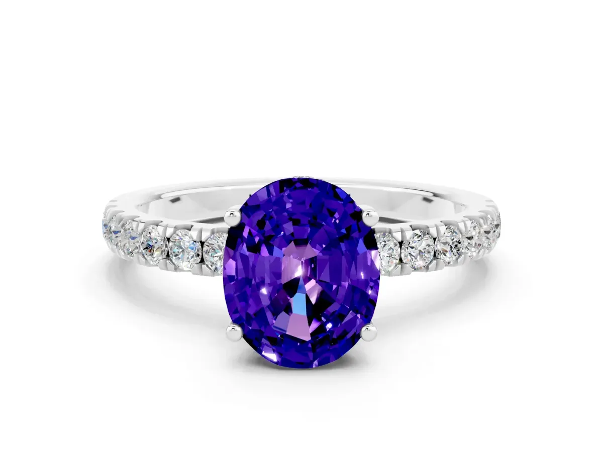 Oval Cut Tanzanite Pave Band Solitaire Ring with Round and Prong Setting Platinum