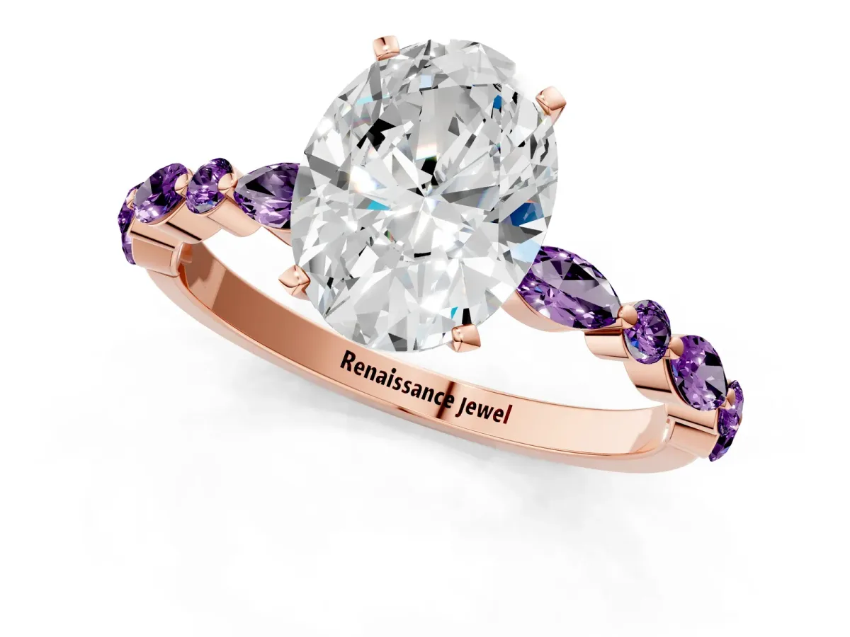 Oval Cut Diamond Ring with Marquise and Round Amethyst Side Stones and Four-Prong Setting Rose gold