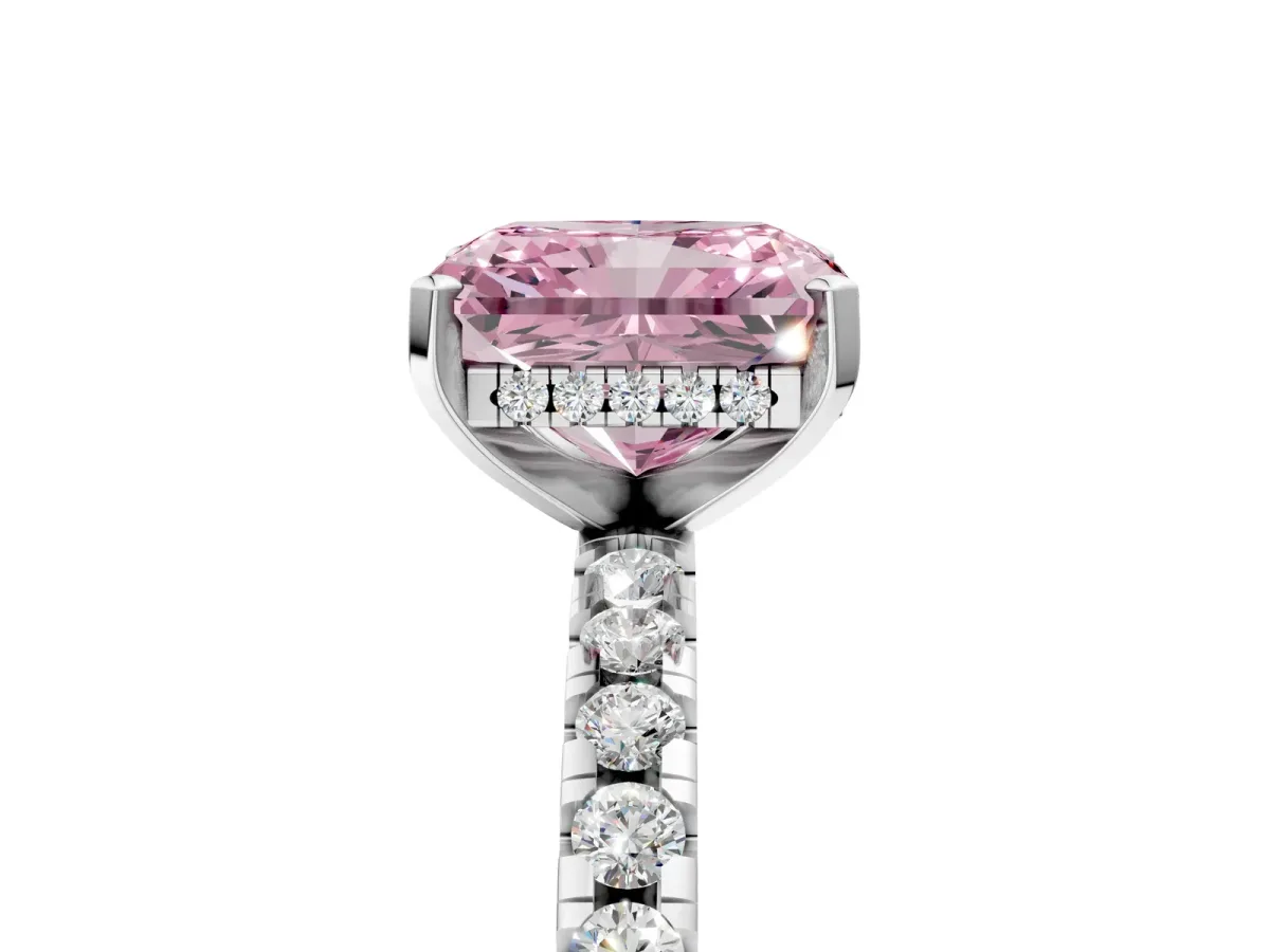 Fancy Pink Radiant Cut Diamond Solitaire Ring with Round Pavé Band and Four-Prong Setting Platinum