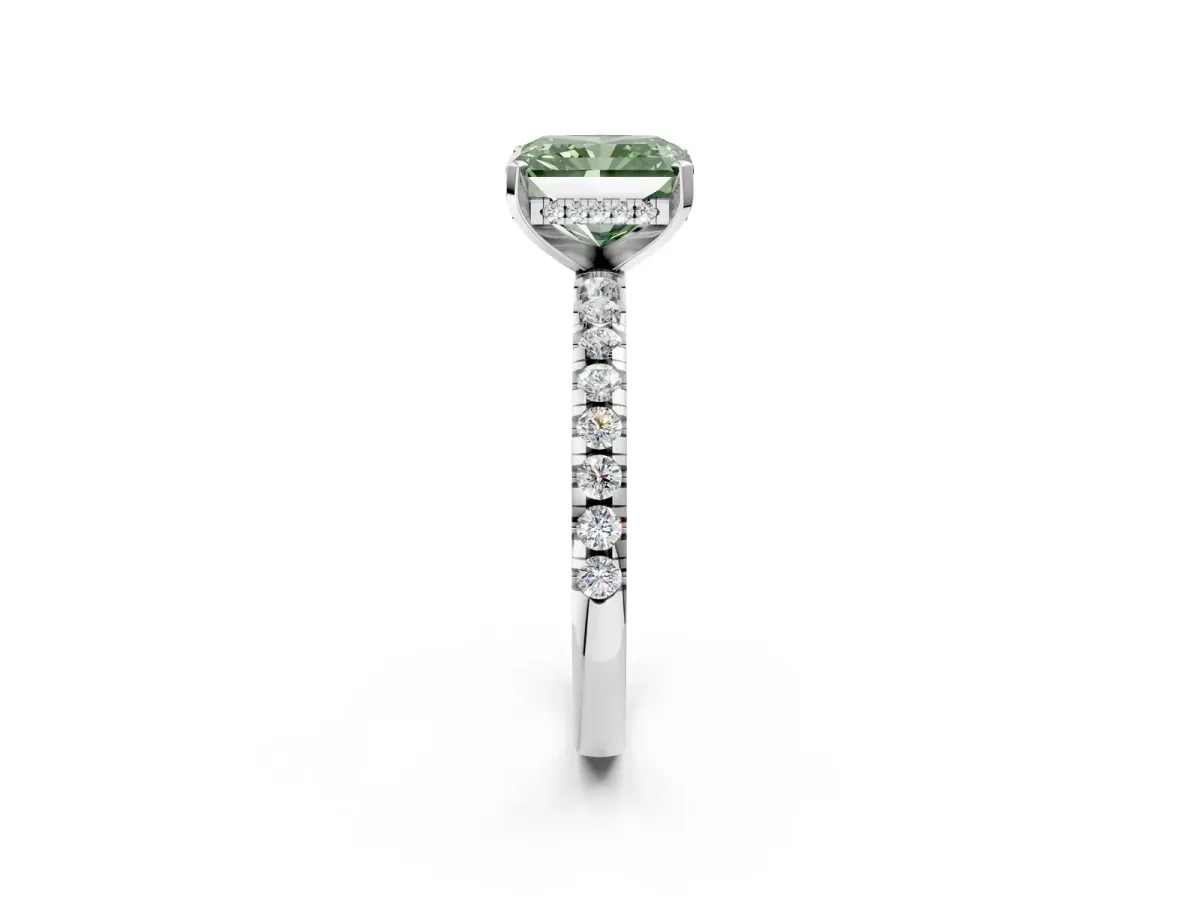 Fancy Green Radiant Cut Diamond Solitaire Ring with Round Pavé Band and Four-Prong Setting Silver