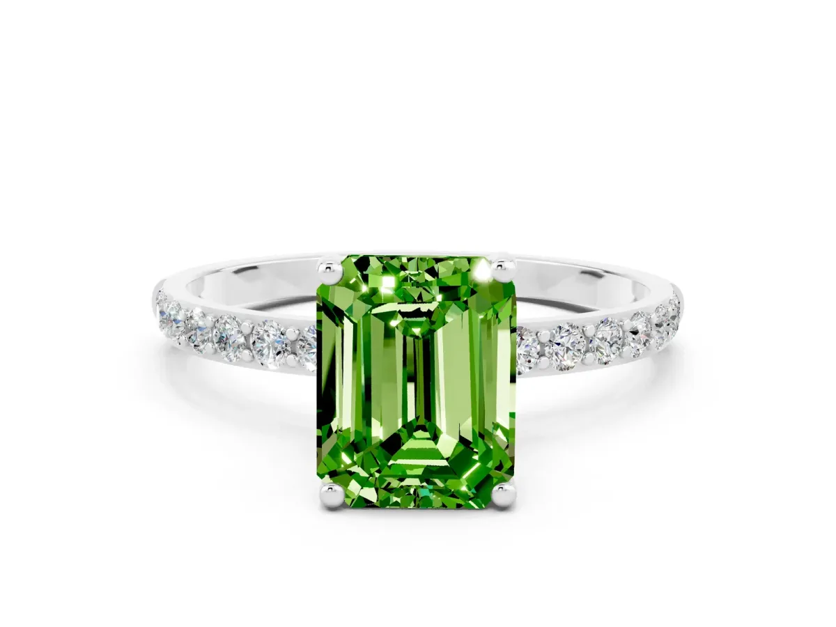 Emerald Cut Peridot Solitaire Ring with Round Pavé Band and Prong Setting Platinum