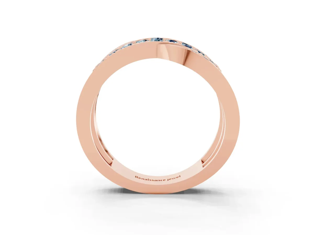 Pavé Round Aquamarine Crossover Band with Bead Prong Setting Rose gold