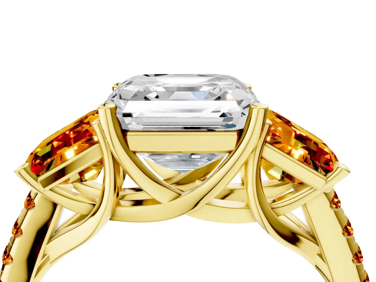 Three-Stone Asscher Cut Diamond Ring with Round Citrine Pavé Band and Prong Setting Yellow gold
